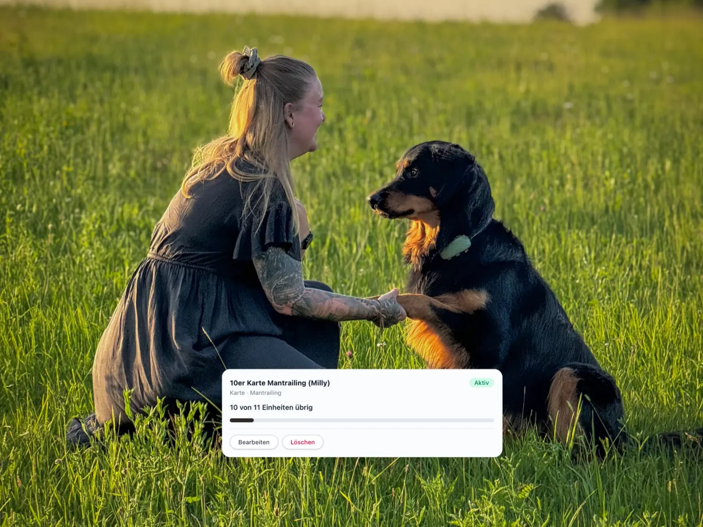 Hundetrainerin mit Hund auf der Wiese, im Vordergrund eine Traindogs-Kontingentkarte mit verbleibenden Einheiten