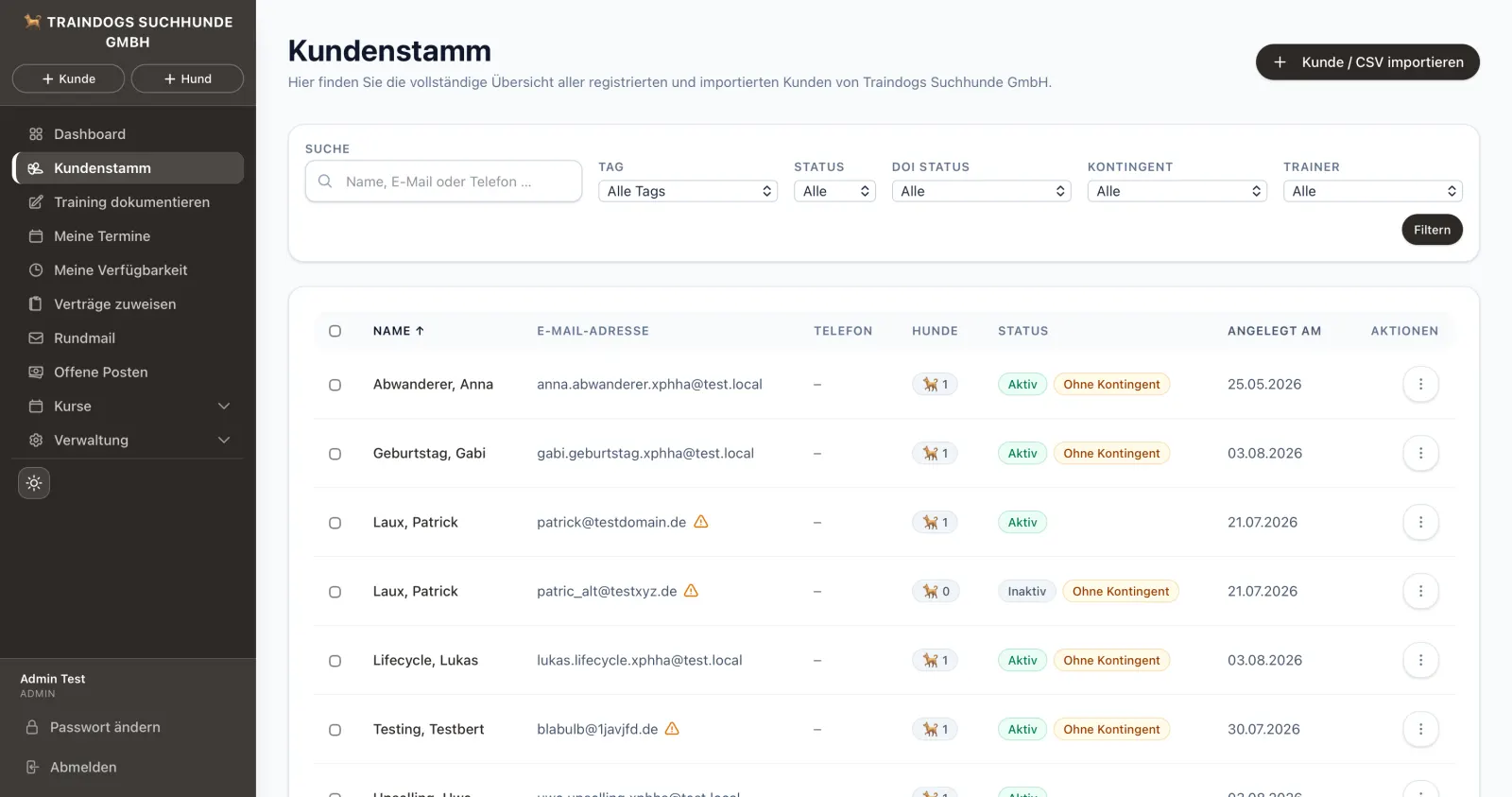 Kundenübersicht im Traindogs CRM: Kundenliste mit Status, Kontingent und Hunden auf einen Blick