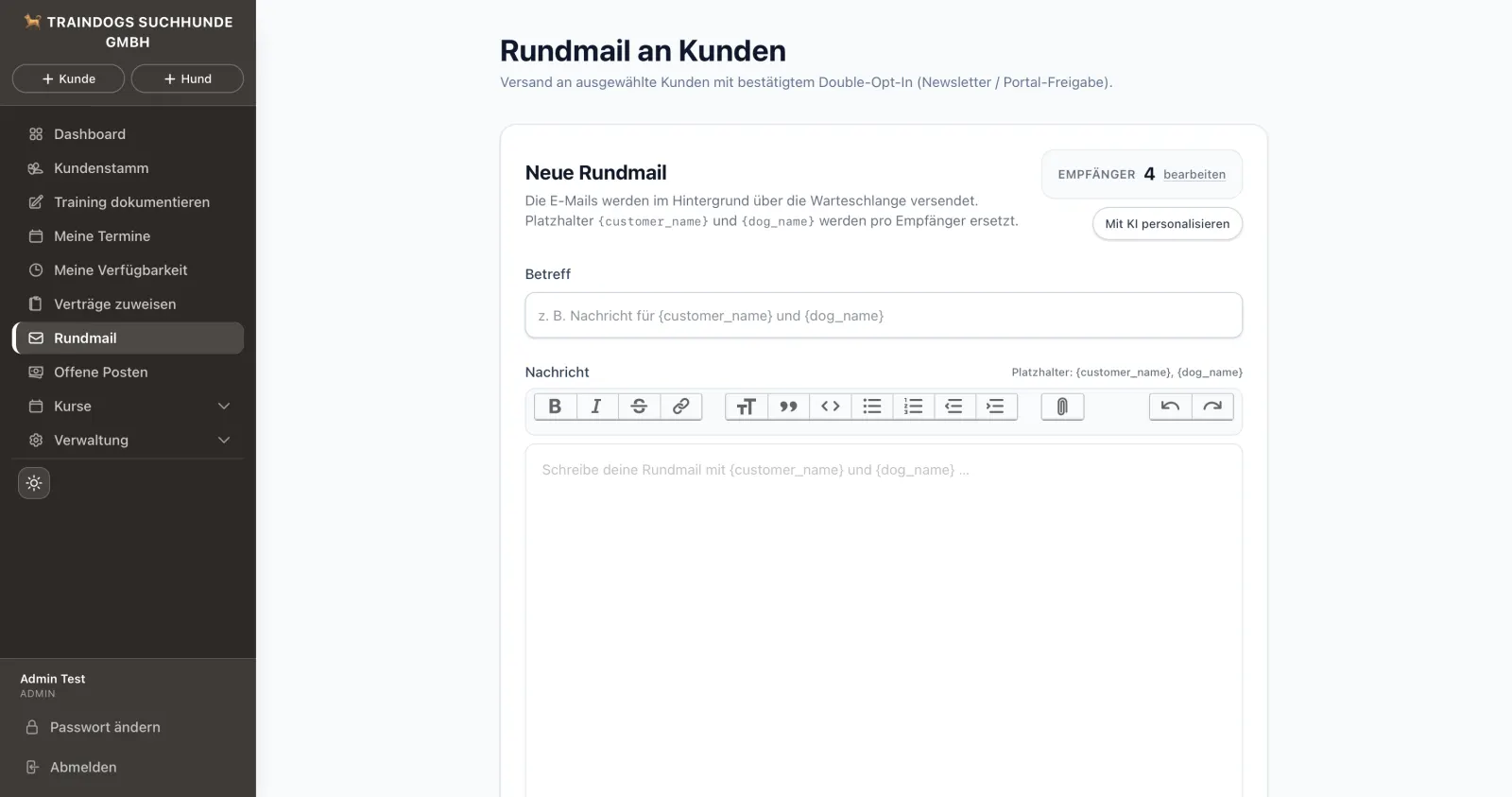 Rundmail-Funktion im Traindogs CRM: personalisierte Nachricht an ausgewählte Kunden versenden