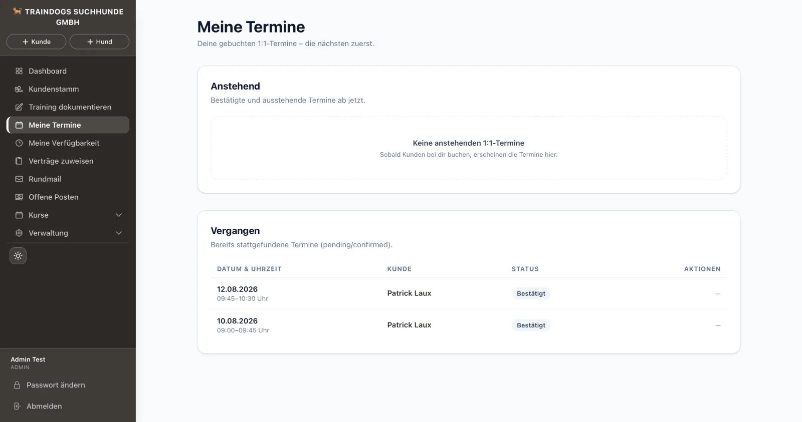 Terminübersicht im Traindogs CRM: anstehende und vergangene 1:1-Termine auf einen Blick